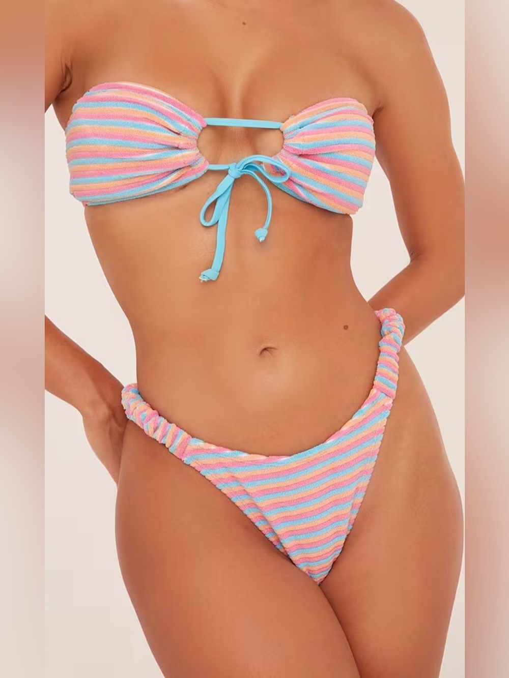 Beach Riot Towel Striped Pastel Textured Bandeau Bikini Pastel Pink, Blue,Yellow